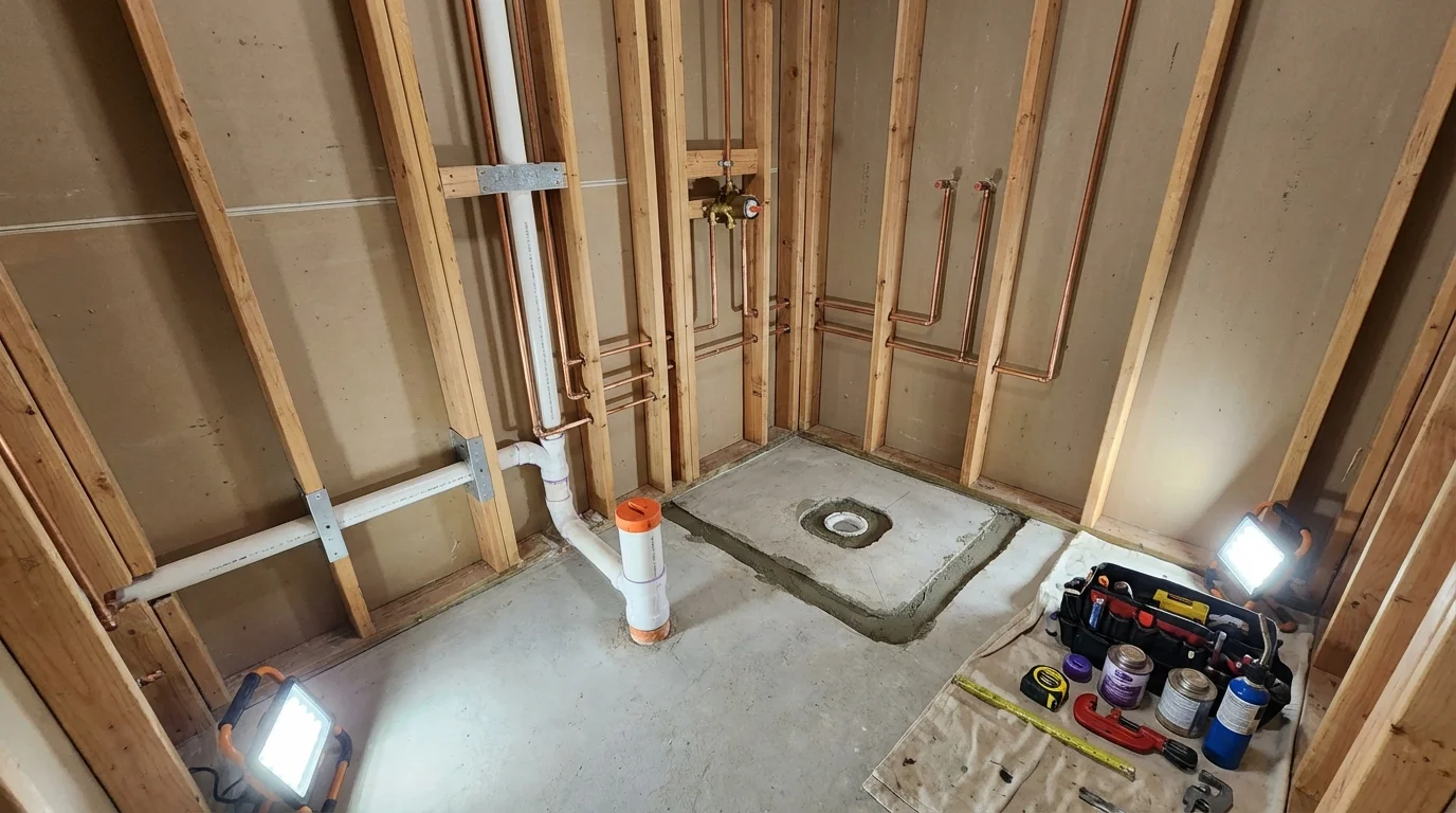 Bathroom rough-in plumbing during remodel by Johns Plumbing LLC in Kenton