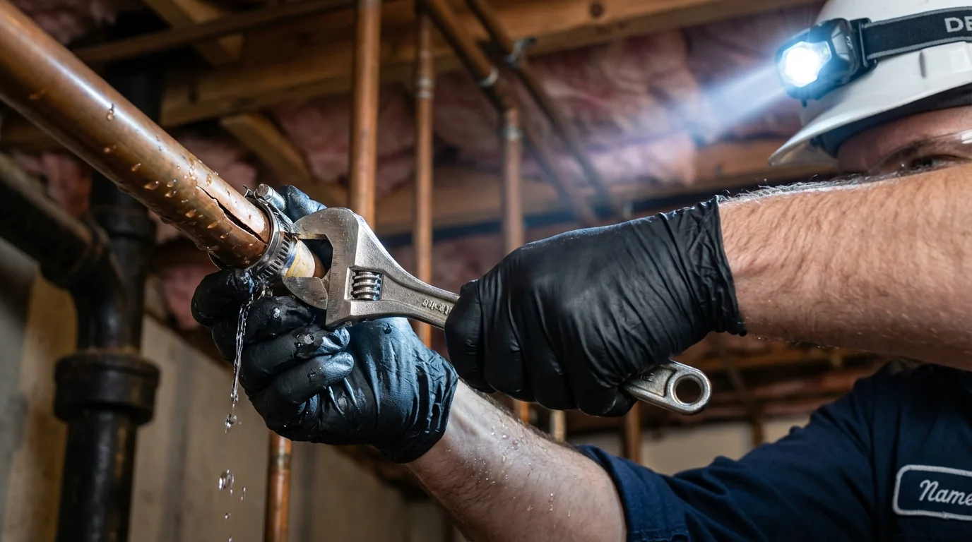Emergency pipe clamp repair being performed by a Johns Plumbing LLC plumber in Kenton