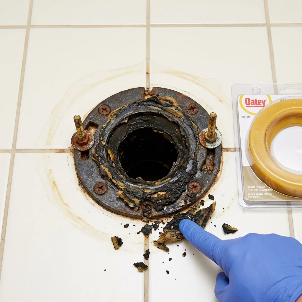 Failed wax ring showing water seepage at the base of a toilet in a Kenton, OH home