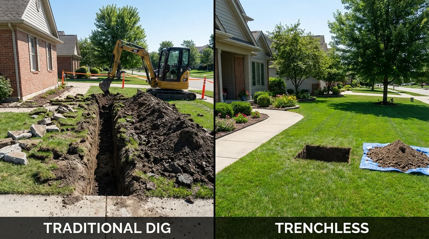 Trenchless sewer repair with minimal yard damage versus traditional excavation in Kenton, OH